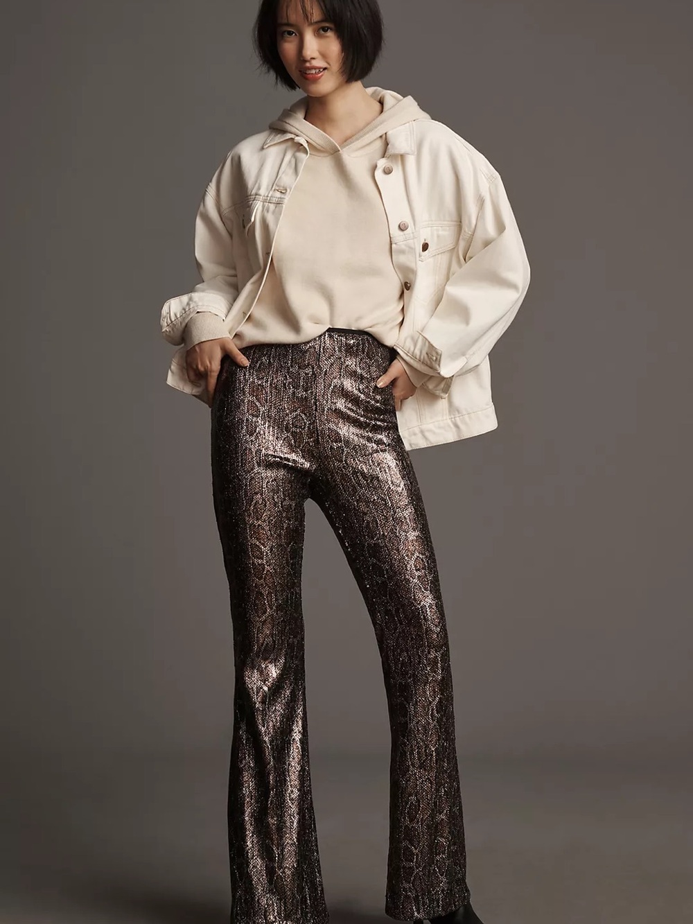 Anthropologie Metallic Snake-Print Flare Pants - Brown
